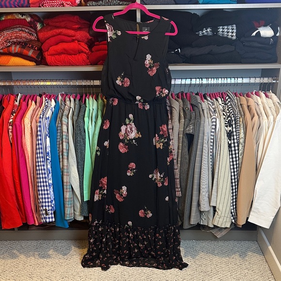 Adrianna Papell black/pink floral sleeveless elastic waistband maxi dress size 6 - Picture 1 of 3
